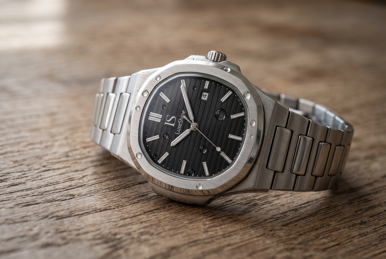 LuxeShine CASPIAN steel watch resting on a wooden table with light water droplets on the crystal, illustrating everyday water resistance.
