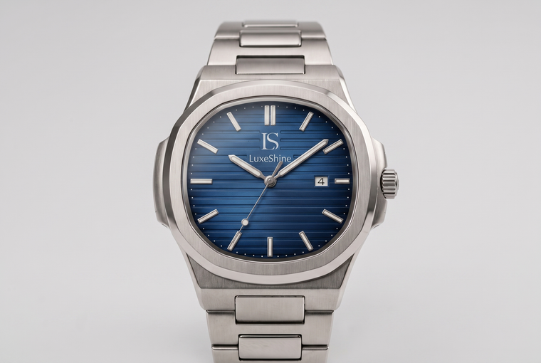 Face-on macro of a LuxeShine CASPIAN watch dial and case with generous negative space, illustrating watch anatomy.