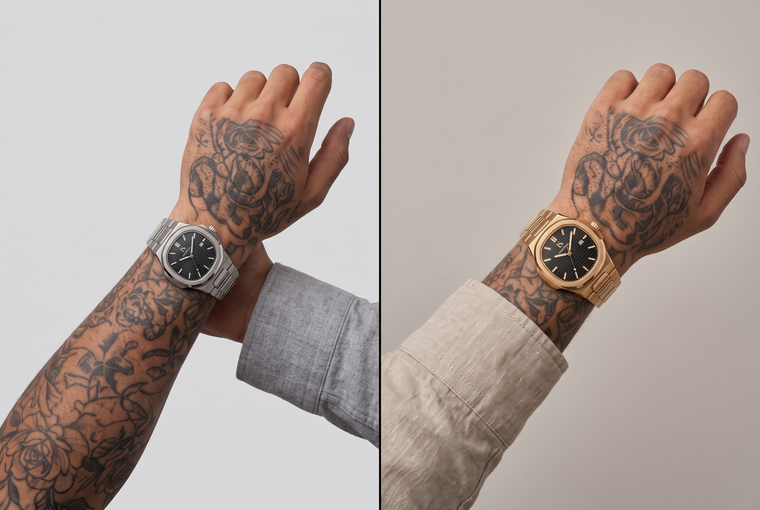 Split image comparing a silver-tone and a gold-tone LuxeShine CASPIAN watch worn on the wrist, styled with complementary outfit tones.