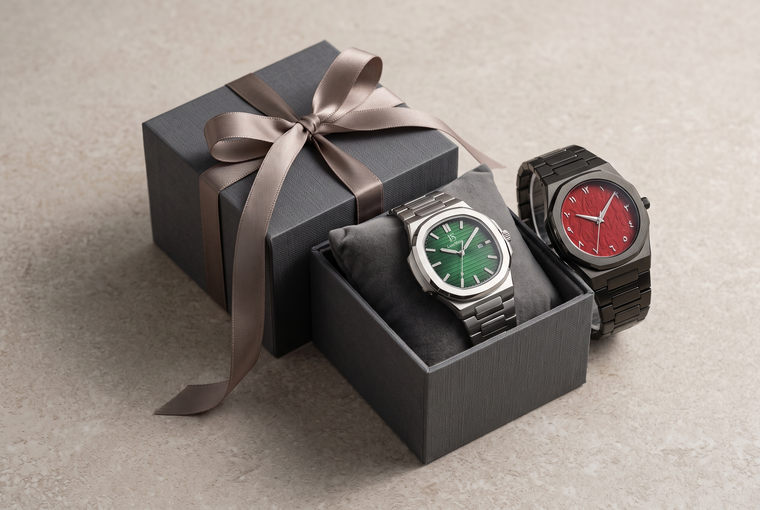 LuxeShine CASPIAN and Sahara Edition watches presented in and beside a plain elegant gift box with a ribbon, a watch gifting guide illustration.