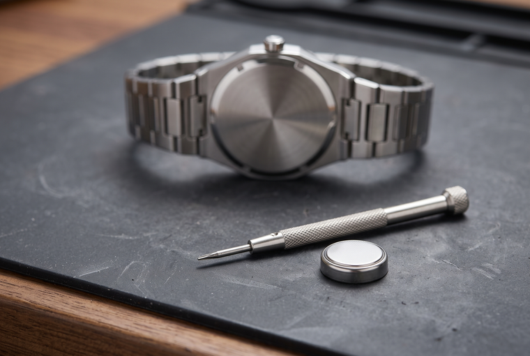LuxeShine Tempus watch lying face-down on a workbench beside a precision screwdriver and a coin-cell battery, illustrating quartz watch battery care.