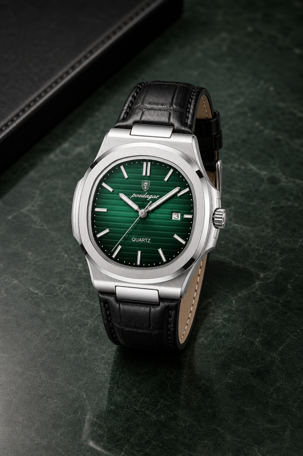 AI-GENERATED | source: Codex native GPT Image 2 img2img | purpose: elegant-uniform-background | product: Cronos | variant: Emerald Leather | original_ref: cro1.jpg / gid://shopify/MediaImage/44987055767841 | date: 2026-07-02 | target: PDP gallery