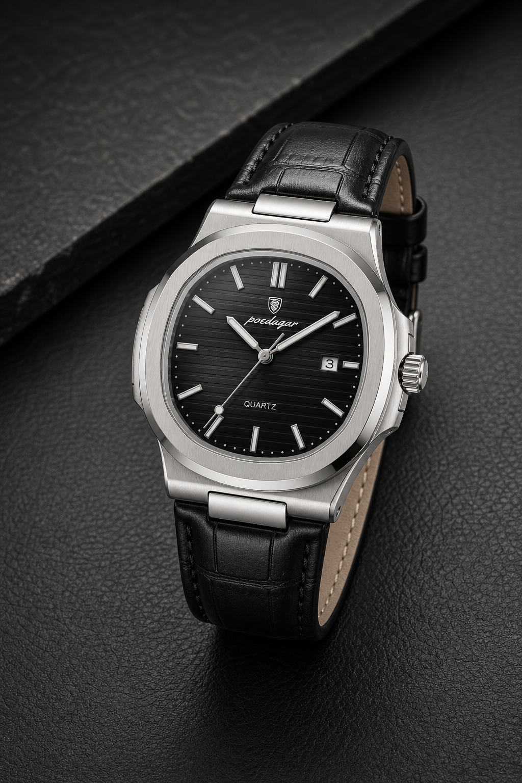 AI-GENERATED | source: Codex native GPT Image 2 img2img | purpose: elegant-uniform-background | product: Cronos | variant: Midnight Leather | original_ref: cro4.jpg / gid://shopify/MediaImage/44987055800609 | date: 2026-07-02 | target: PDP gallery
