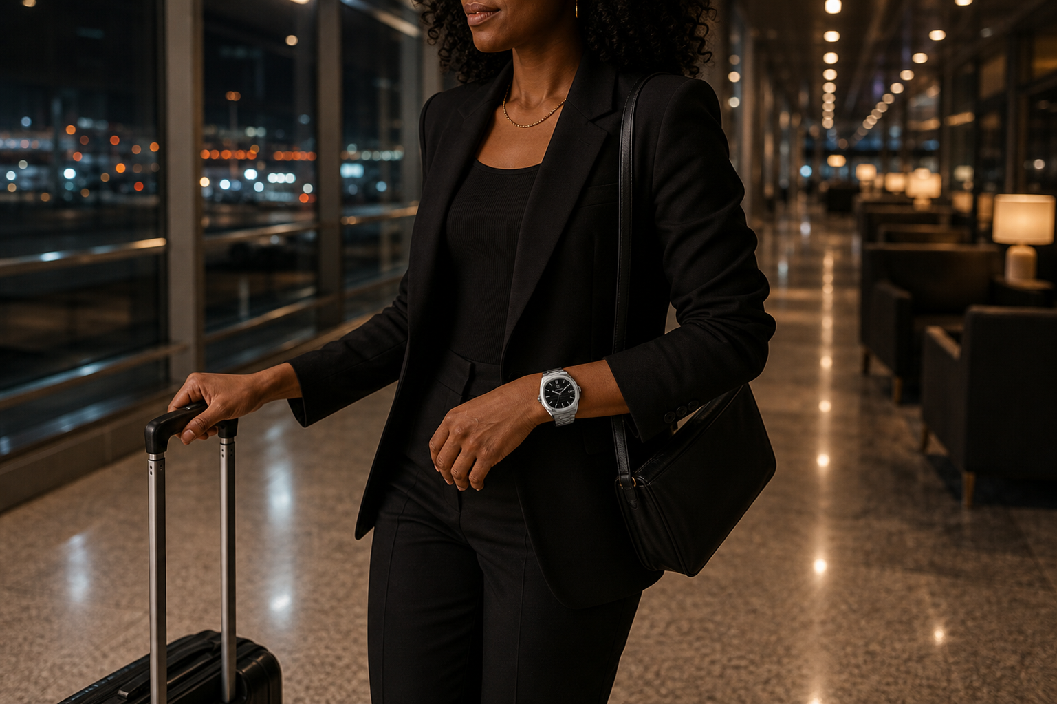 AI-GENERATED | source: Codex native GPT Image 2 img2img | purpose: model-airport-lounge-walk | product: Classic Edition | variant: Midnight Silver | original_ref: class_6.jpg / gid://shopify/MediaImage/44987014480161 | date: 2026-07-02 | target: PDP gallery
