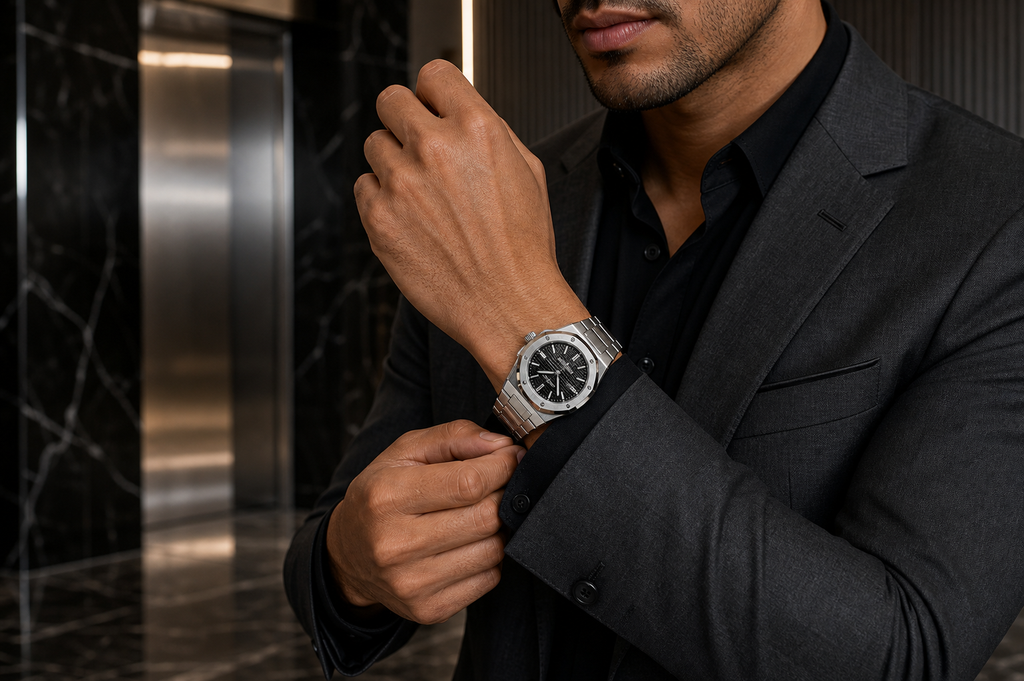 AI-GENERATED | source: Codex native GPT Image 2 img2img | purpose: model-architectural-cuff | product: Fenix | variant: Midnight Black | original_ref: fe2.png / gid://shopify/MediaImage/44987029389601 | date: 2026-07-02 | target: PDP gallery