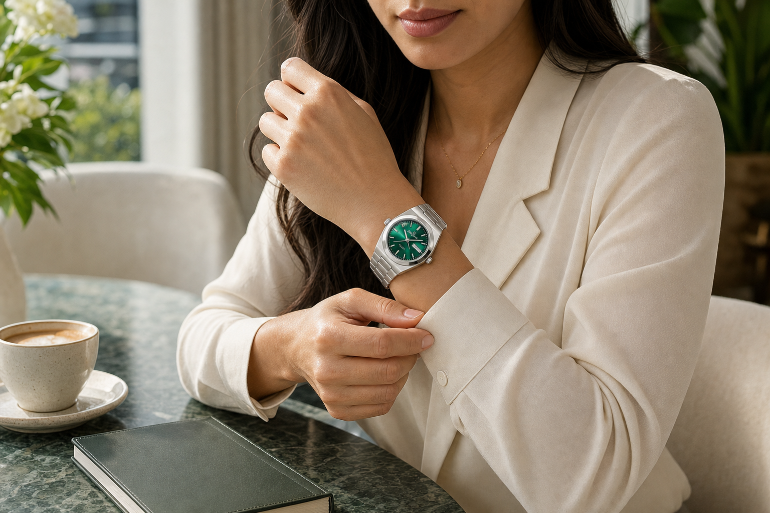 AI-GENERATED | source: Codex native GPT Image 2 img2img | purpose: model-botanical-cafe | product: Classic Edition | variant: Emerald Silver | original_ref: claaas.jpg / gid://shopify/MediaImage/44987022901537 | date: 2026-07-02 | target: PDP gallery