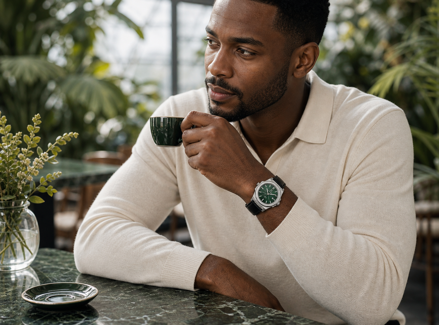 AI-GENERATED | source: Codex native GPT Image 2 img2img | purpose: model-botanical-cafe | product: Cronos | variant: Emerald Leather | original_ref: cro1.jpg / gid://shopify/MediaImage/44987055767841 | date: 2026-07-02 | target: PDP gallery