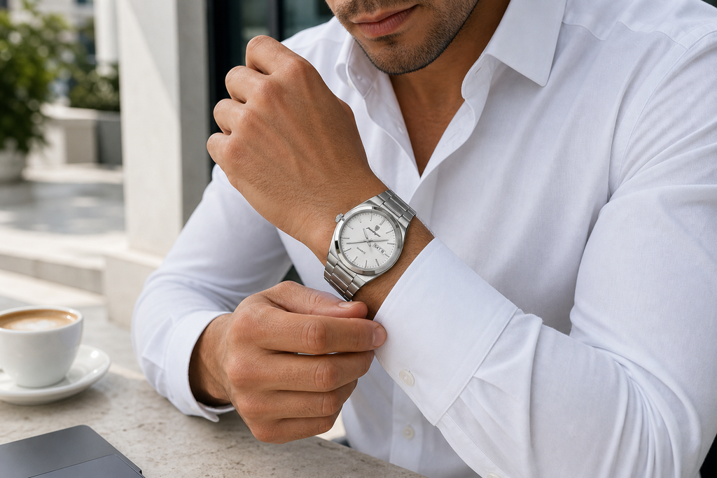 AI-GENERATED | source: Codex native GPT Image 2 img2img | purpose: model-cafe-cuff-adjust | product: Classic Edition | variant: Arctic Silver | original_ref: class_5.jpg / gid://shopify/MediaImage/44987014512929 | date: 2026-07-02 | target: PDP gallery