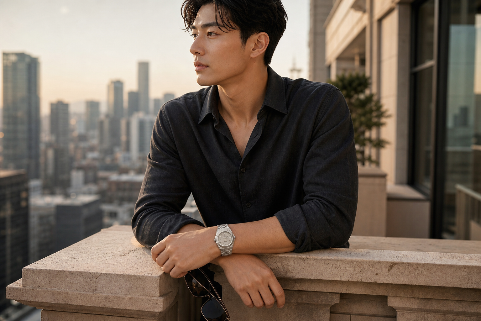 AI-GENERATED | source: Codex native GPT Image 2 img2img | purpose: model-city-balcony-wide | product: Fenix | variant: Silver Steel | original_ref: fe.jpg / gid://shopify/MediaImage/44987029324065 | date: 2026-07-02 | target: PDP gallery