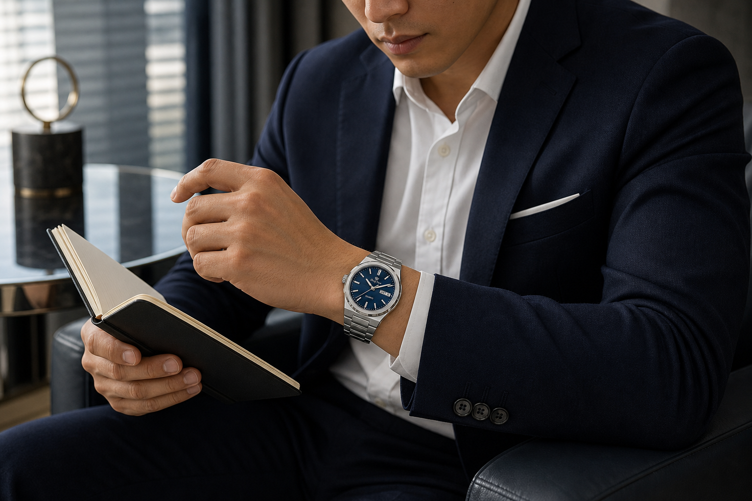 AI-GENERATED | source: Codex native GPT Image 2 img2img | purpose: model-conference-lounge | product: Classic Edition | variant: Royal Silver | original_ref: class4.jpg / gid://shopify/MediaImage/44987014775073 | date: 2026-07-02 | target: PDP gallery