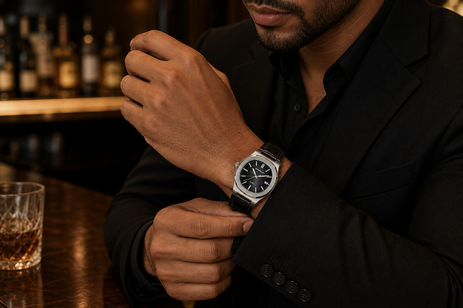 AI-GENERATED | source: Codex native GPT Image 2 img2img | purpose: model-evening-cuff-adjust | product: Cronos | variant: Midnight Leather | original_ref: cro4.jpg / gid://shopify/MediaImage/44987055800609 | date: 2026-07-02 | target: PDP gallery