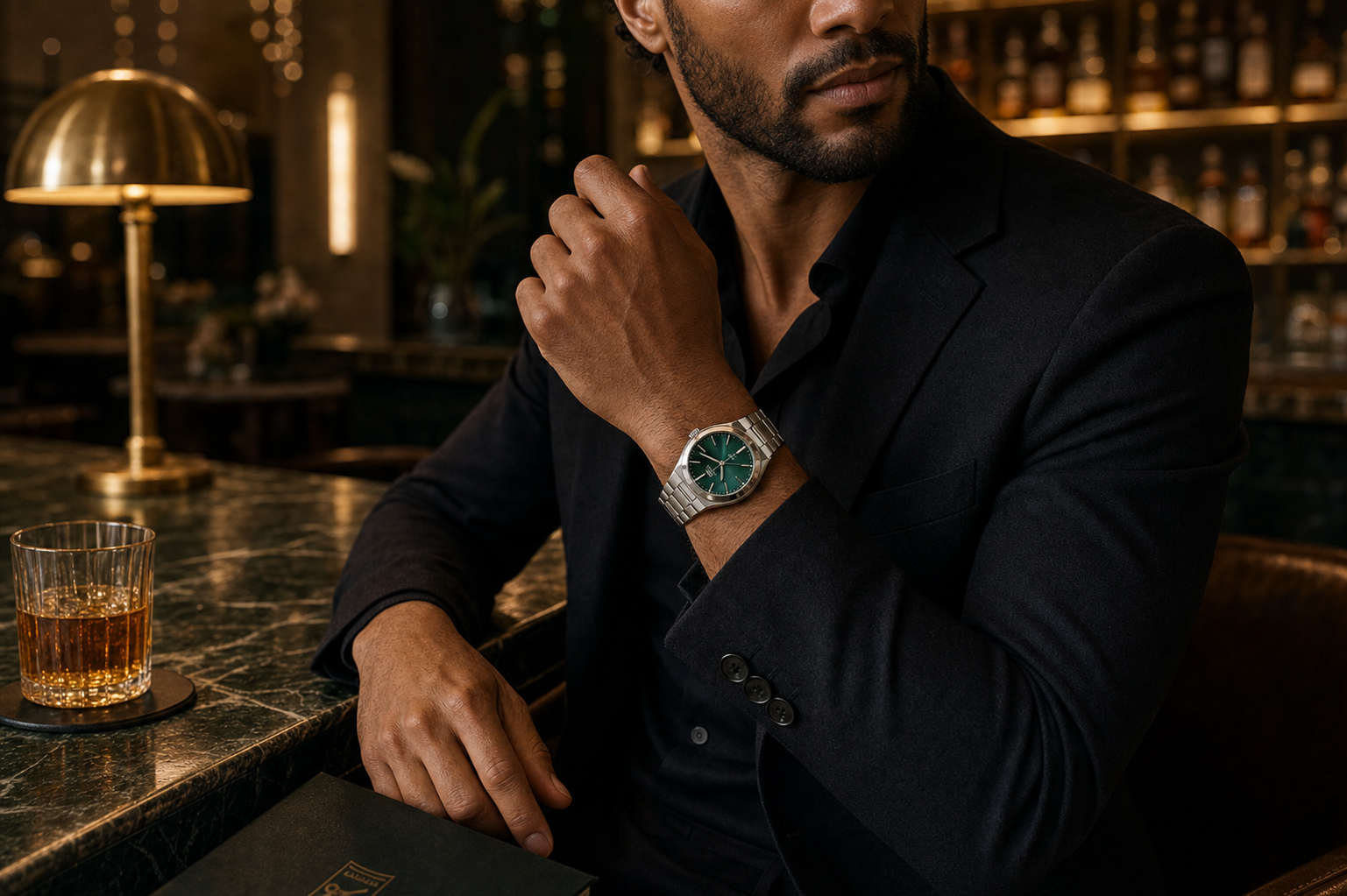 AI-GENERATED | source: Codex native GPT Image 2 img2img | purpose: model-evening-hotel-bar | product: Classic Edition | variant: Emerald Silver | original_ref: claaas.jpg / gid://shopify/MediaImage/44987022901537 | date: 2026-07-02 | target: PDP gallery
