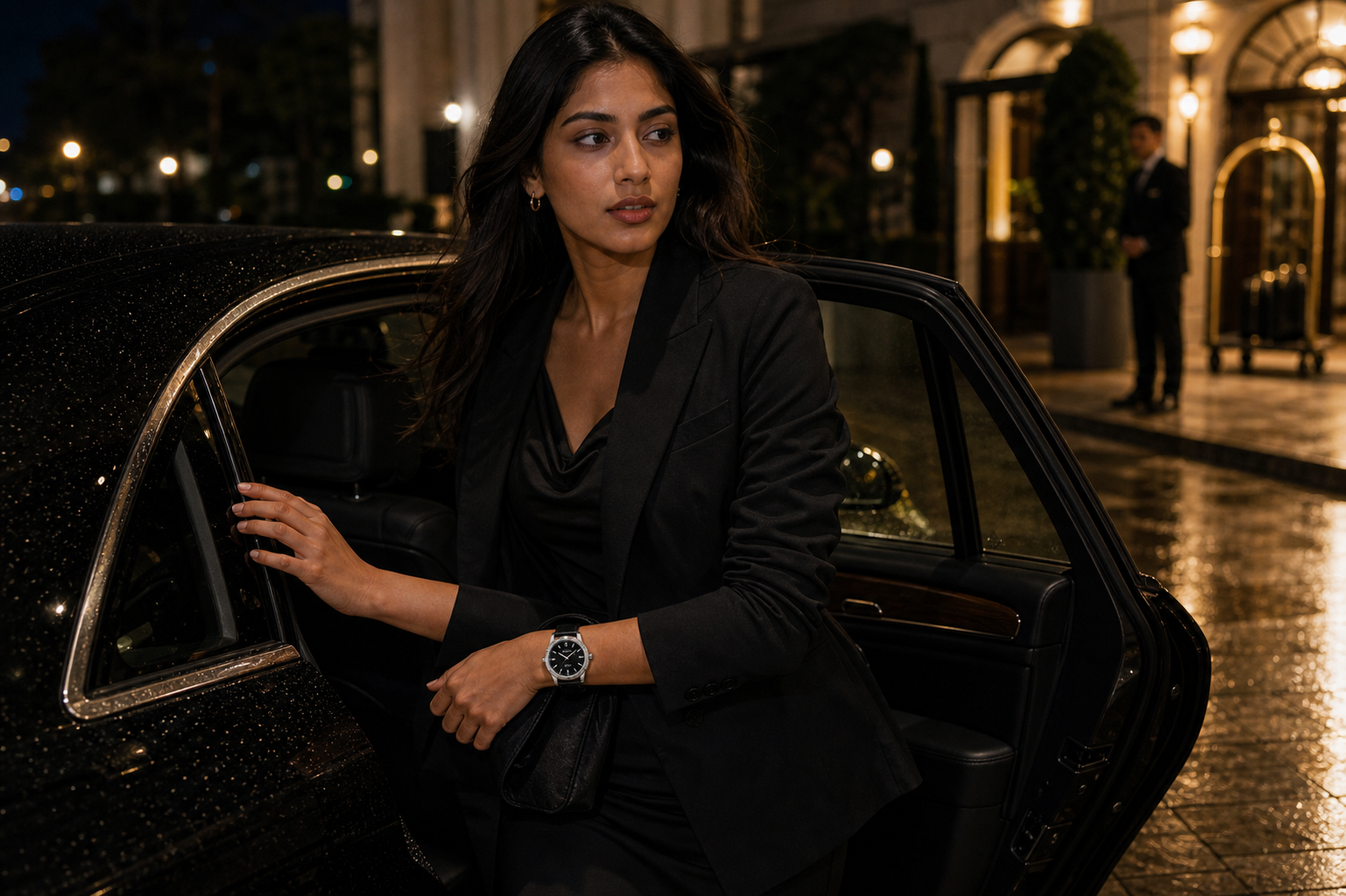 AI-GENERATED | source: Codex native GPT Image 2 img2img | purpose: model-hotel-car-arrival | product: Cronos | variant: Midnight Leather | original_ref: cro4.jpg / gid://shopify/MediaImage/44987055800609 | date: 2026-07-02 | target: PDP gallery