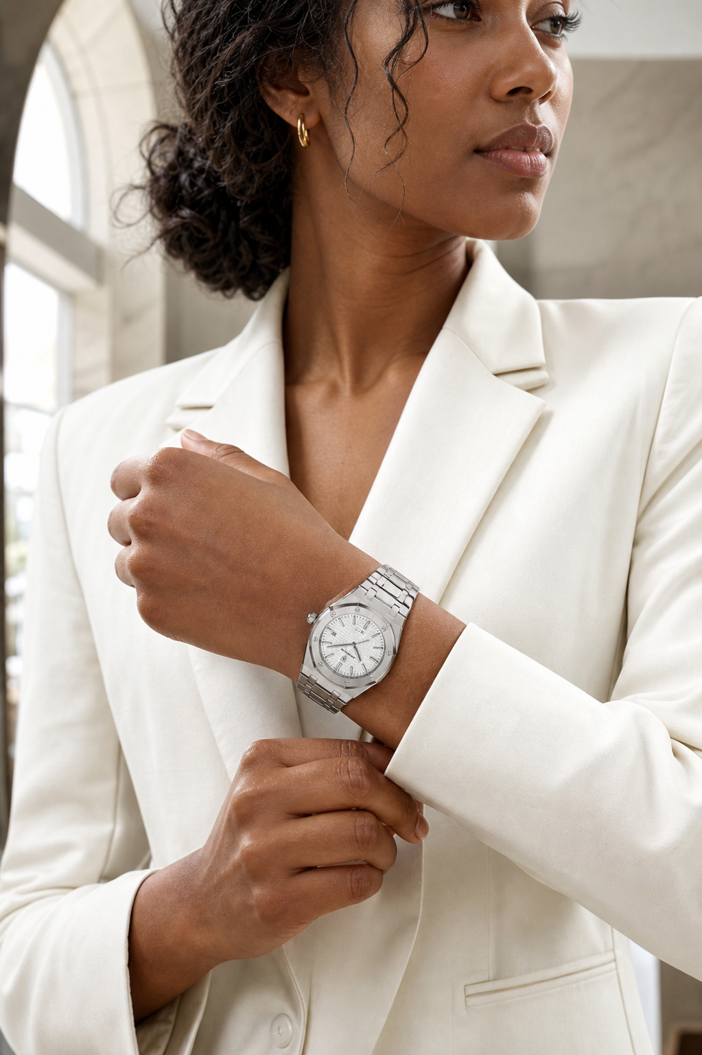 AI-GENERATED | source: Codex native GPT Image 2 img2img | purpose: model-marble-gallery-cuff | product: Fenix | variant: Silver Steel | original_ref: fe.jpg / gid://shopify/MediaImage/44987029324065 | date: 2026-07-02 | target: PDP gallery