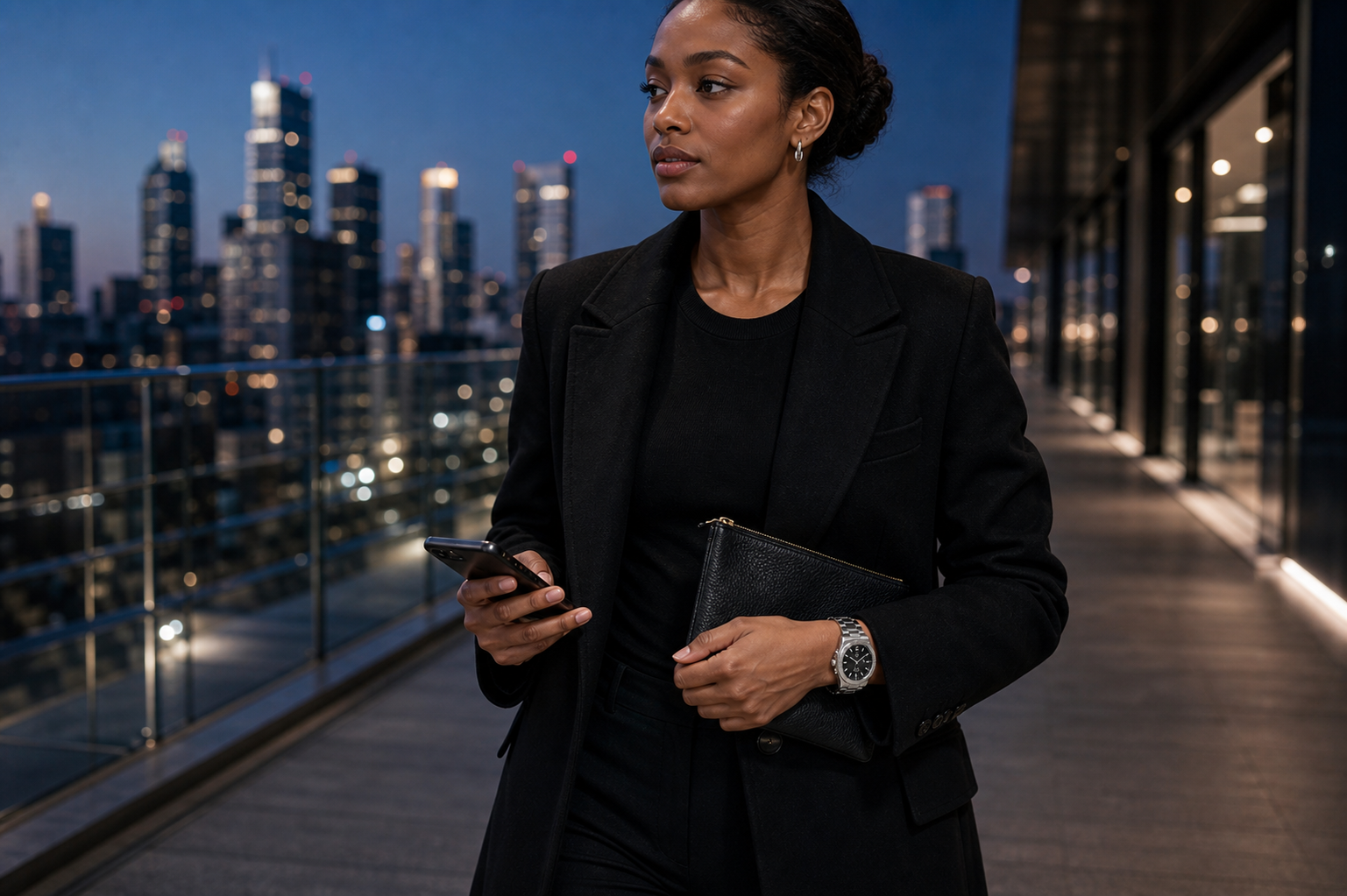 AI-GENERATED | source: Codex native GPT Image 2 img2img | purpose: model-rooftop-walk | product: Fenix | variant: Midnight Black | original_ref: fe2.png / gid://shopify/MediaImage/44987029389601 | date: 2026-07-02 | target: PDP gallery
