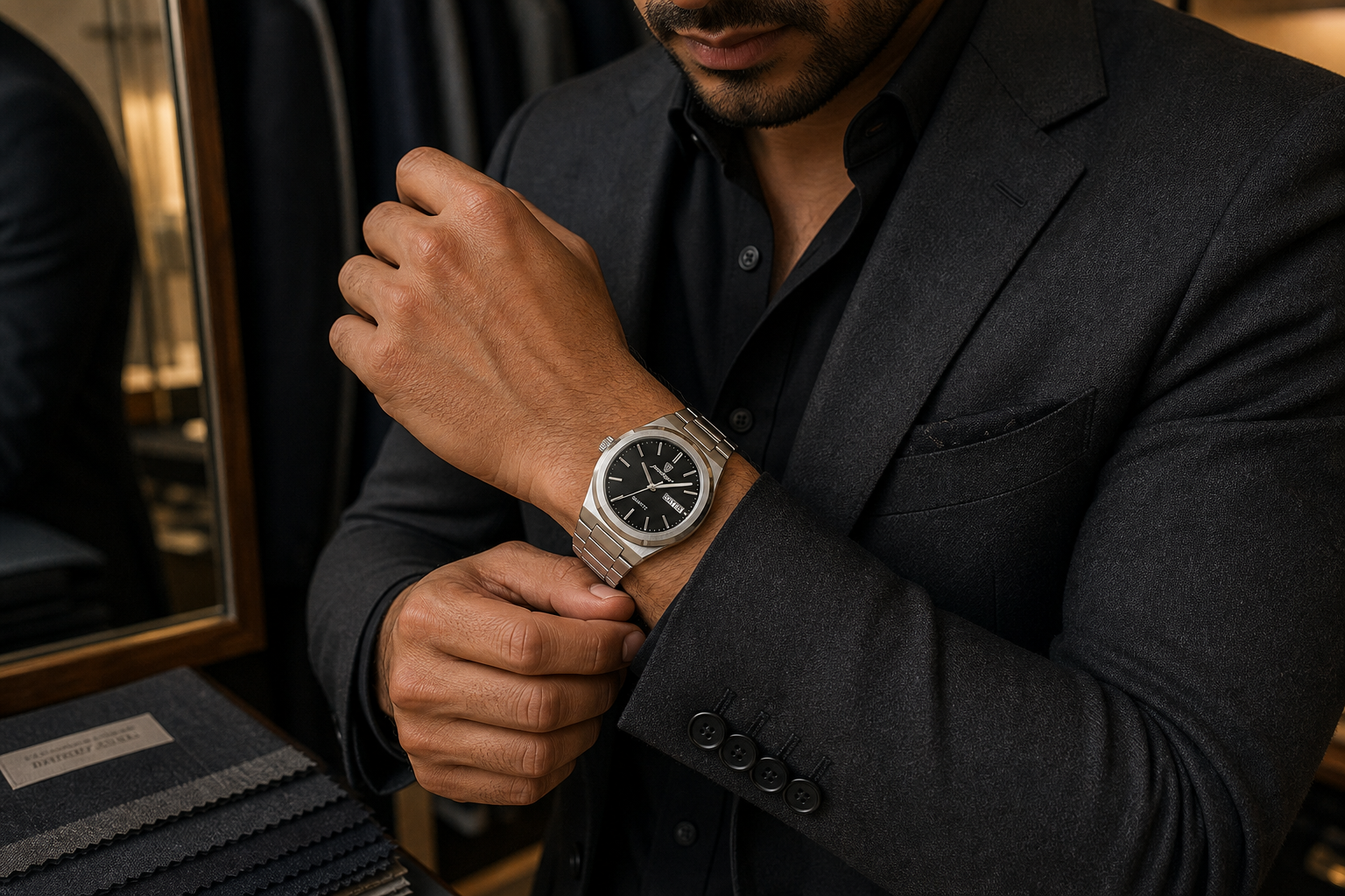 AI-GENERATED | source: Codex native GPT Image 2 img2img | purpose: model-tailoring-room | product: Classic Edition | variant: Midnight Silver | original_ref: class_6.jpg / gid://shopify/MediaImage/44987014480161 | date: 2026-07-02 | target: PDP gallery