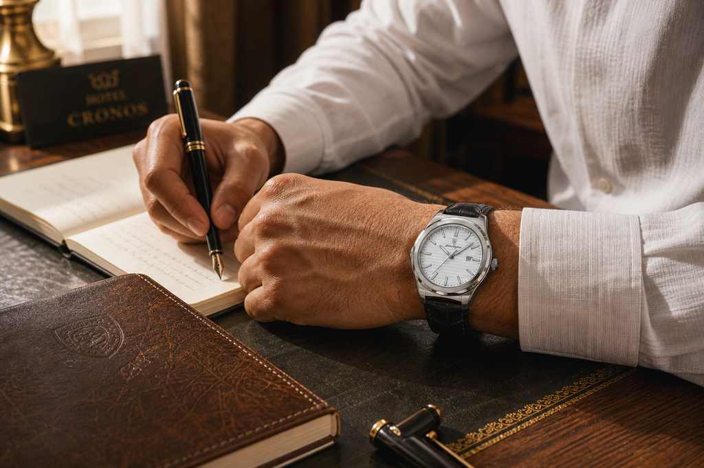 AI-GENERATED | source: Codex native GPT Image 2 img2img | purpose: model-writing-desk | product: Cronos | variant: Arctic Leather | original_ref: cro5.jpg / gid://shopify/MediaImage/44987056881953 | date: 2026-07-02 | target: PDP gallery
