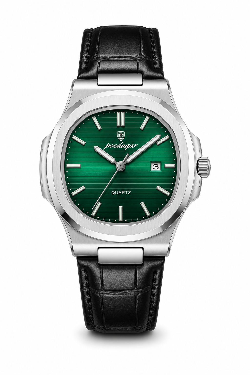 AI-GENERATED | source: Codex native GPT Image 2 img2img | purpose: white-front-packshot | product: Cronos | variant: Emerald Leather | original_ref: cro1.jpg / gid://shopify/MediaImage/44987055767841 | date: 2026-07-02 | target: PDP gallery