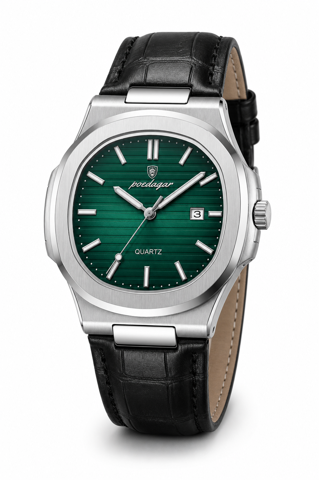 AI-GENERATED | source: Codex native GPT Image 2 img2img | purpose: white-three-quarter | product: Cronos | variant: Emerald Leather | original_ref: cro1.jpg / gid://shopify/MediaImage/44987055767841 | date: 2026-07-02 | target: PDP gallery