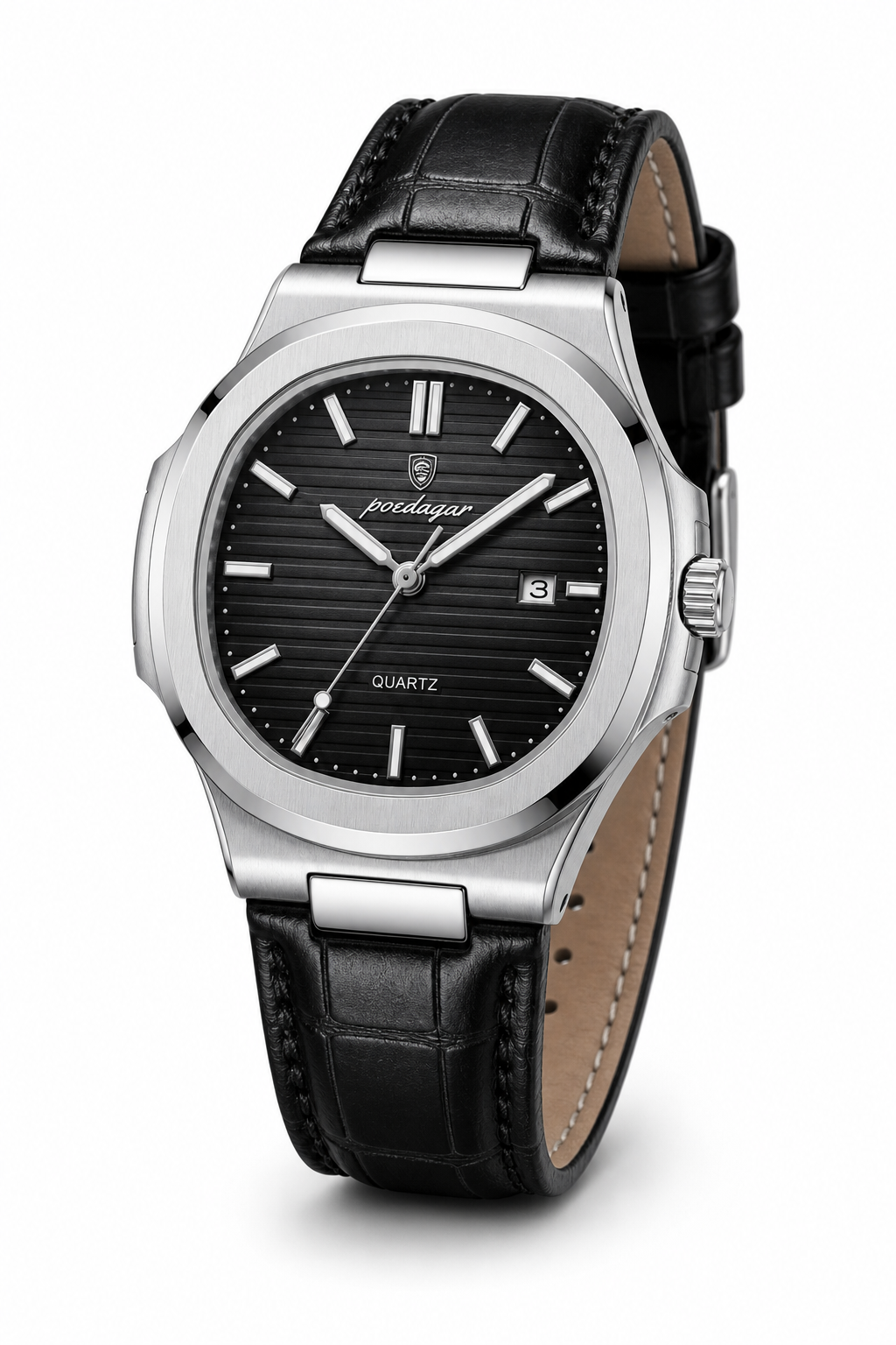 AI-GENERATED | source: Codex native GPT Image 2 img2img | purpose: white-three-quarter | product: Cronos | variant: Midnight Leather | original_ref: cro4.jpg / gid://shopify/MediaImage/44987055800609 | date: 2026-07-02 | target: PDP gallery