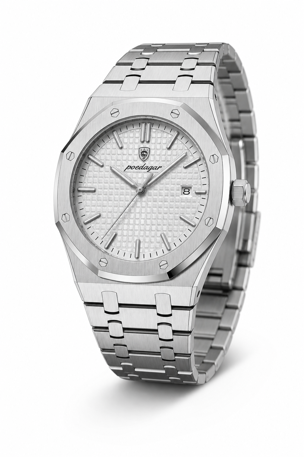 AI-GENERATED | source: Codex native GPT Image 2 img2img | purpose: white-three-quarter | product: Fenix | variant: Silver Steel | original_ref: fe.jpg / gid://shopify/MediaImage/44987029324065 | date: 2026-07-02 | target: PDP gallery