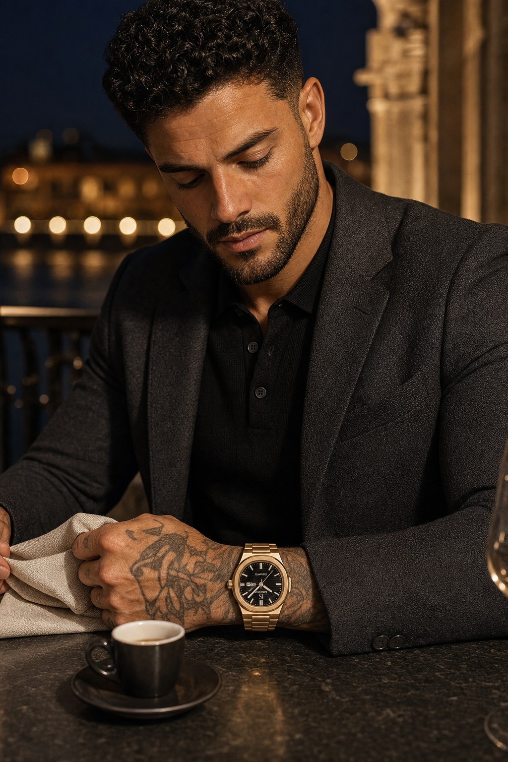 AI-GENERATED | source: GPT Image 2 native | purpose: fixed-model-pdp-slot-2 | product: CASPIAN | variant: Midnight Gold | variant_handle: midnight-gold | variant_id: gid://shopify/ProductVariant/52931297837345 | model: approved-luxe-male-20260707 | original_ref: Drive Cronos Gold - Product (visually Caspian Gold): gold3.png + approved model DNA/references | date: 2026-07-08 | target: PDP gallery slot 2