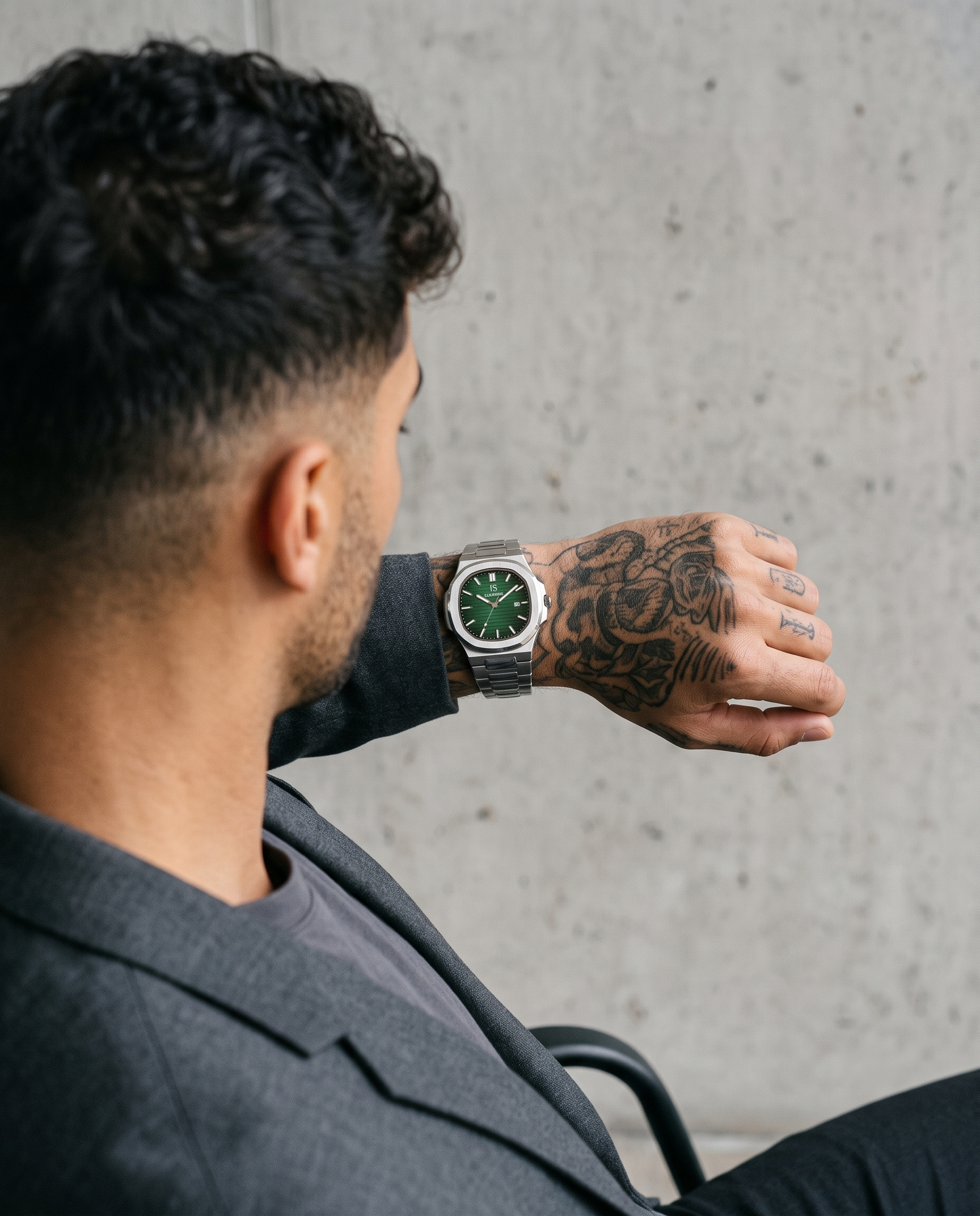 AI-GENERATED | source: Higgsfield nano_banana_2 | purpose: lifestyle-back | product: CASPIAN | variant: Emerald Silver | variant_id: gid://shopify/ProductVariant/52455818920225 | model: approved-luxe-male-20260707 | date: 2026-07-10 | target: PDP gallery lifestyle